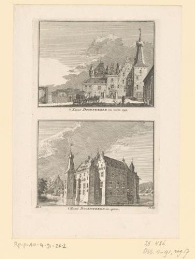 Two views of Castle Doorwerth, seen from the front and back