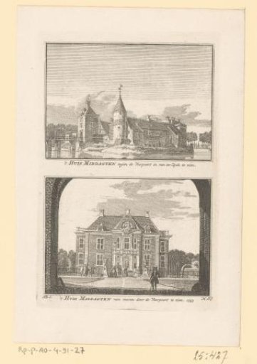 Two views of Castle Middachten, seen from the front and side