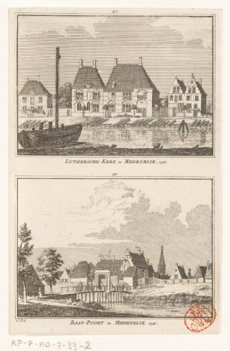 View of the Lutheran Church and view of the Baanpoort at Medemblik, 1726