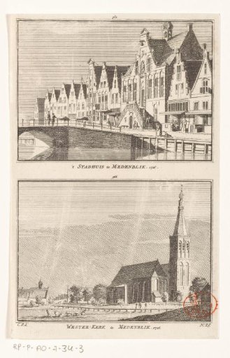 View of the town hall and view of the Westerkerk in Medemblik, 1726
