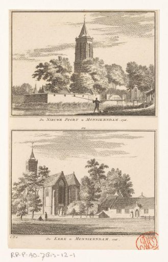 View of the Nieuwe Poort and view of the church in Monnickendam, 1726