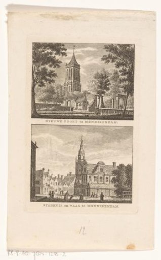 View of the Nieuwe Poort and view of the town hall and Waag at Monnickendam