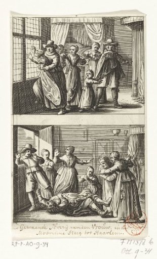 Two depictions of alleged witchcraft involving a woman named Dirkje Gerrits in Haarlem, 1617