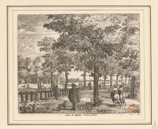 Walking figures along rows of trees