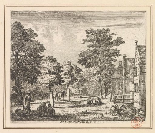 Seated figures along a row of trees and houses