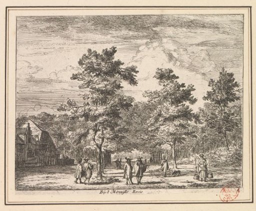Walking figures on an avenue with trees