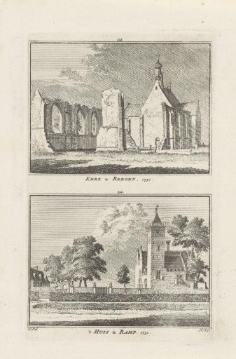 View of the church and view of Rampenbosch Castle at Bergen, 1730