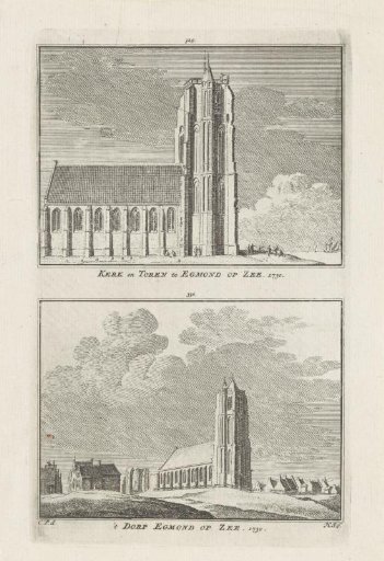 View of the church and view of the village of Egmond aan Zee, 1730