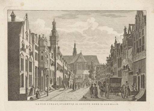 View of the Langestraat, the town hall and the Great Church in Alkmaar