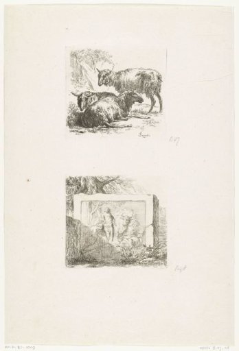 Three sheep and a stone block with bas-relief