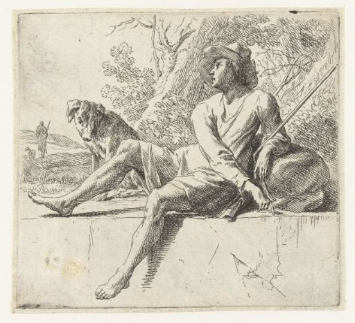Seated shepherd with a dog