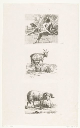 Seated shepherd with dog, ram, goat and sheep