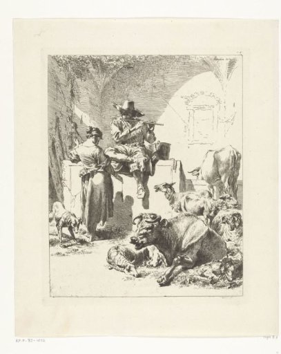 Flute-playing shepherd and spinning woman