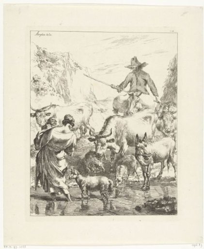 Shepherd with a flock fording a brook