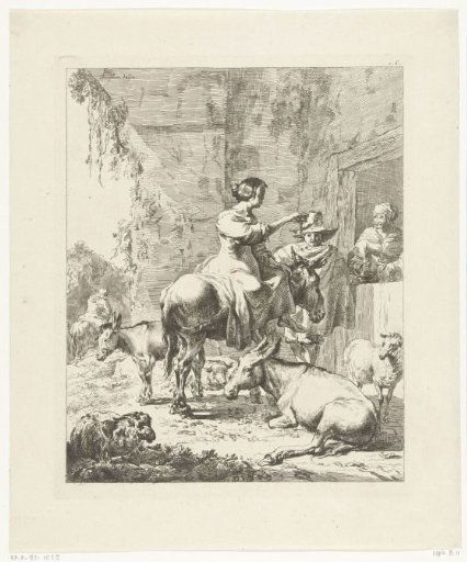 Shepherdess on a donkey at an inn