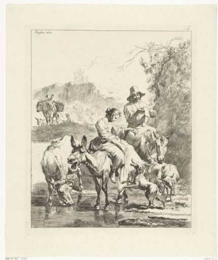 Shepherdess on a donkey and shepherd on horseback fording a brook