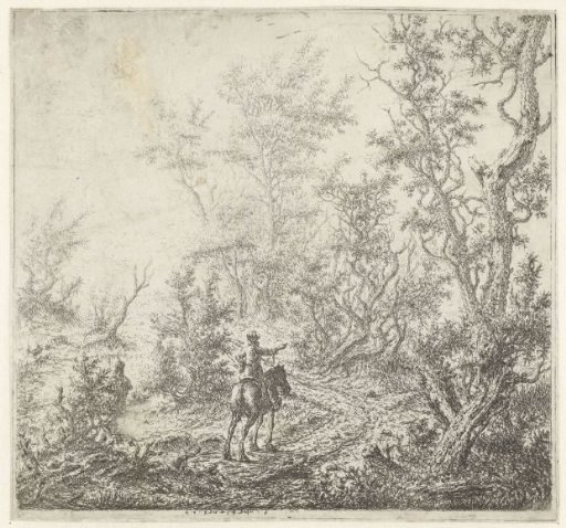Forest landscape with a rider in conversation with a man on the road