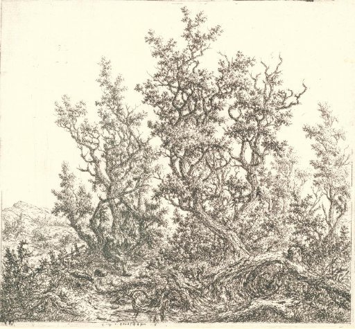 Landscape with a group of oaks and a resting man