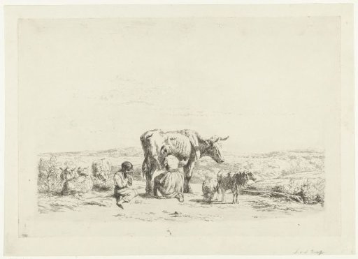 Landscape with woman milking a cow and boy with sheep