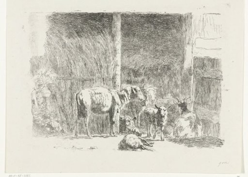 Sheep and lambs and a reclining buck near stable