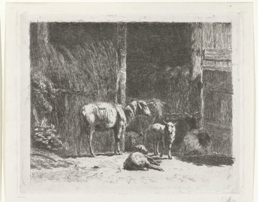 Sheep and lambs and a reclining buck near stable