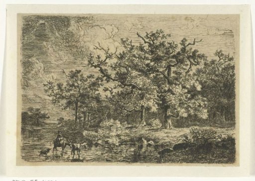 Landscape with trees and woman on donkey in shallow water