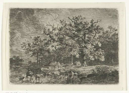 Landscape with trees and woman on donkey in shallow water