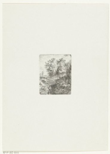 Hilly landscape with stream and bridge on which a man with cattle walks