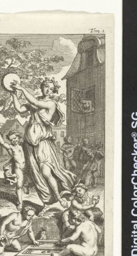 Dancing woman with tambourine, surrounded by playing naked boys