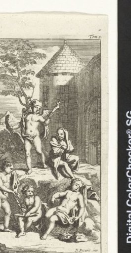 Group of naked boys including a boy with a jester's cap and a writing and sleeping child