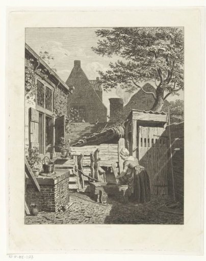 Courtyard with Woman Filling a Trough near an Animal Pen