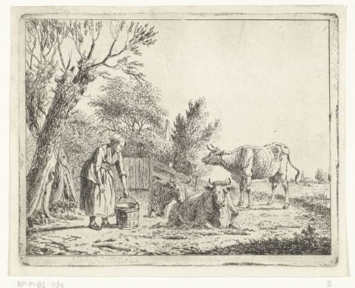 Landscape with a Woman with a Milk Can and Three Cows at a Farmhouse