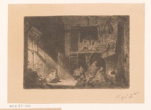 Interior with children and women by the fireplace