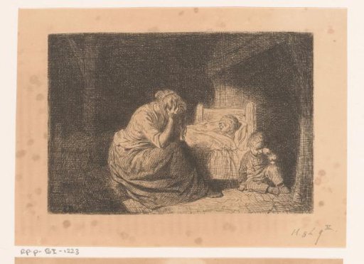 Mourning mother at the bedside of a child