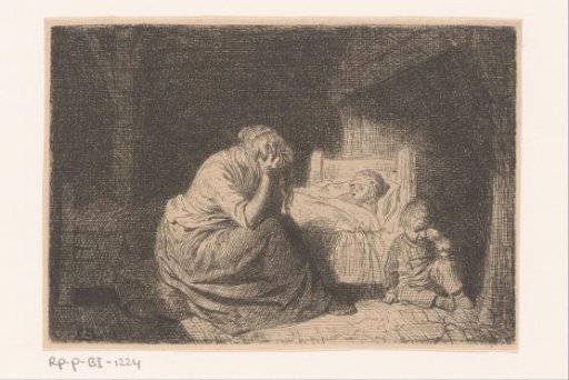 Mourning mother at the bedside of a child