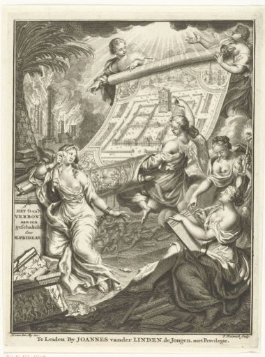 Allegory with female personifications and angels with an image of the Temple of Jerusalem