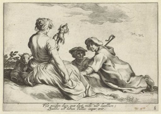 Woman spinning with two shepherd boys
