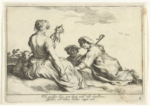 Woman spinning with two shepherd boys