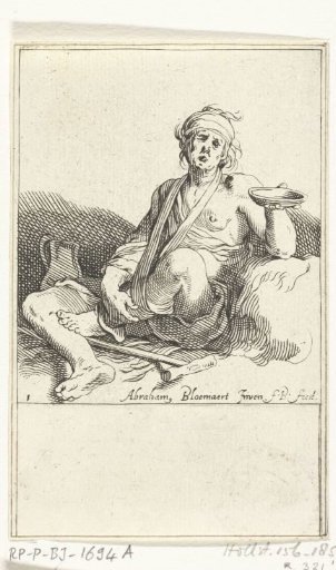 Seated beggar with his leg in a sling