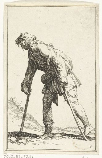 Beggar walking on crutches