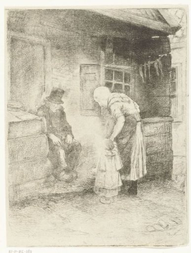 Woman with small child standing beside seated old man in front of workers' dwelling