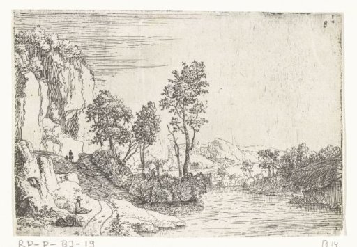 River landscape with a rock formation and a resting man