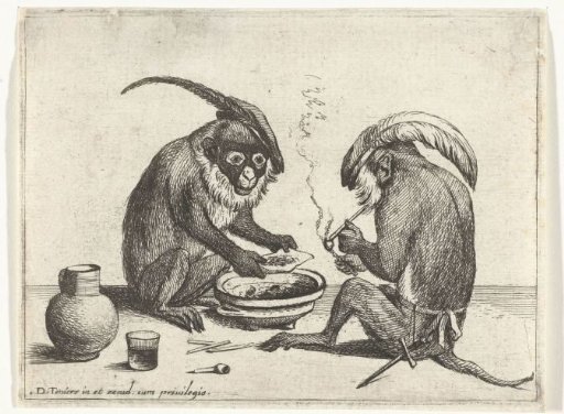 Two Apes Smoking a Pipe