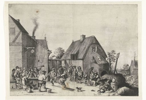 Farmyard with dancing and drinking peasants
