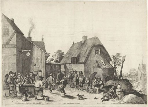 Farmyard with dancing and drinking peasants