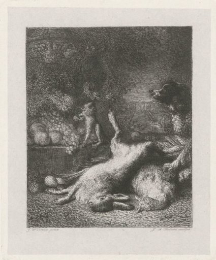 A Monkey and a Dog with Dead Game and Fruit
