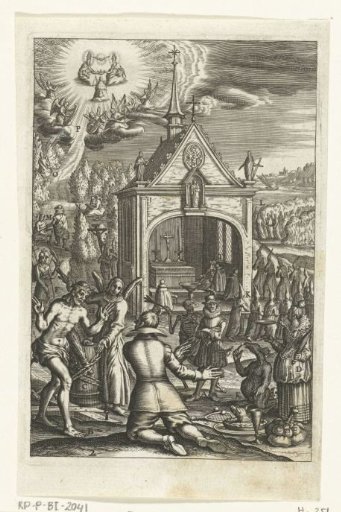 Emblem with a man renouncing his earthly possessions and converting to the Christian faith