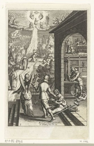 Emblem with a man preparing himself with good deeds for a prayer to God