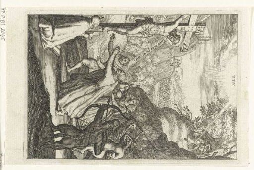 Emblem with men taking refuge in the Christian faith and turning away from sin, the devil, and death