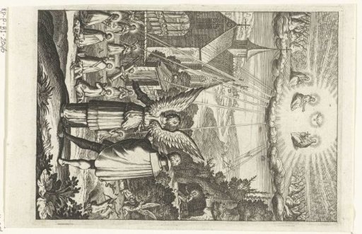 Emblem with an angel showing a man that he must live according to the example of saints